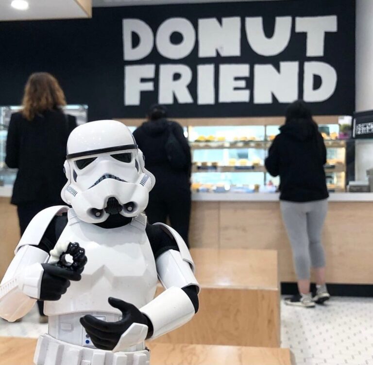 A toy storm trooper inside Donut Friend