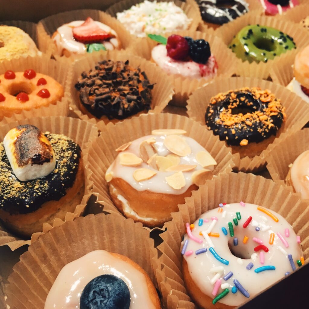 Closeup of a variety of miniature donuts